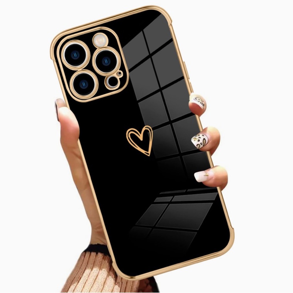 🍀iPhone 14 Pro Shockproof Case Heart Design Plating Black Cover